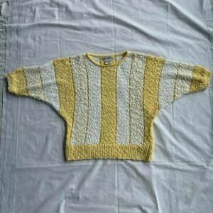 Vintage j. s. fashion 80s Yellow White Stripe Knit 1/2 Sleeve Baggy Sweater Sz L